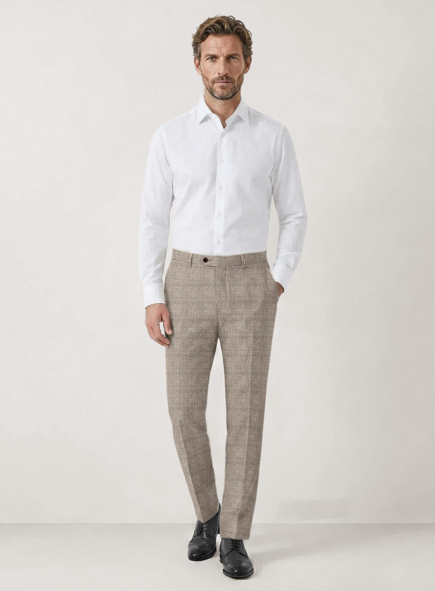 Italian Prato Umber Brown Check Linen Pants - StudioSuits