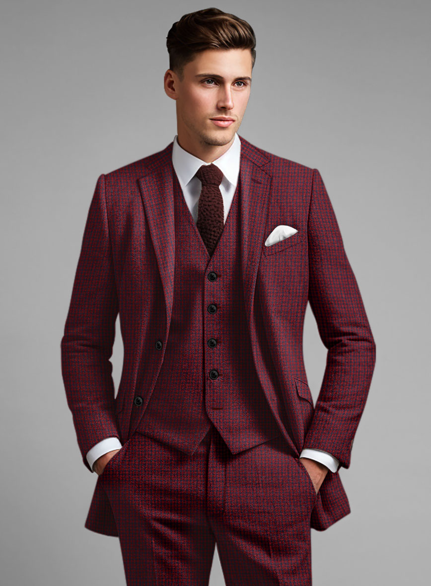 Italian Red Houndstooth Tweed Suit - StudioSuits