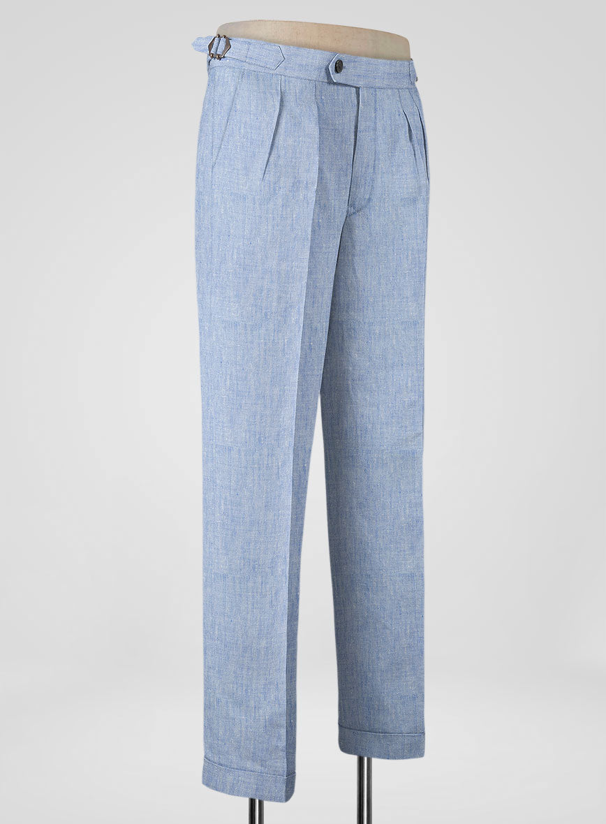 Italian Sky Blue Linen Highland Trousers - StudioSuits