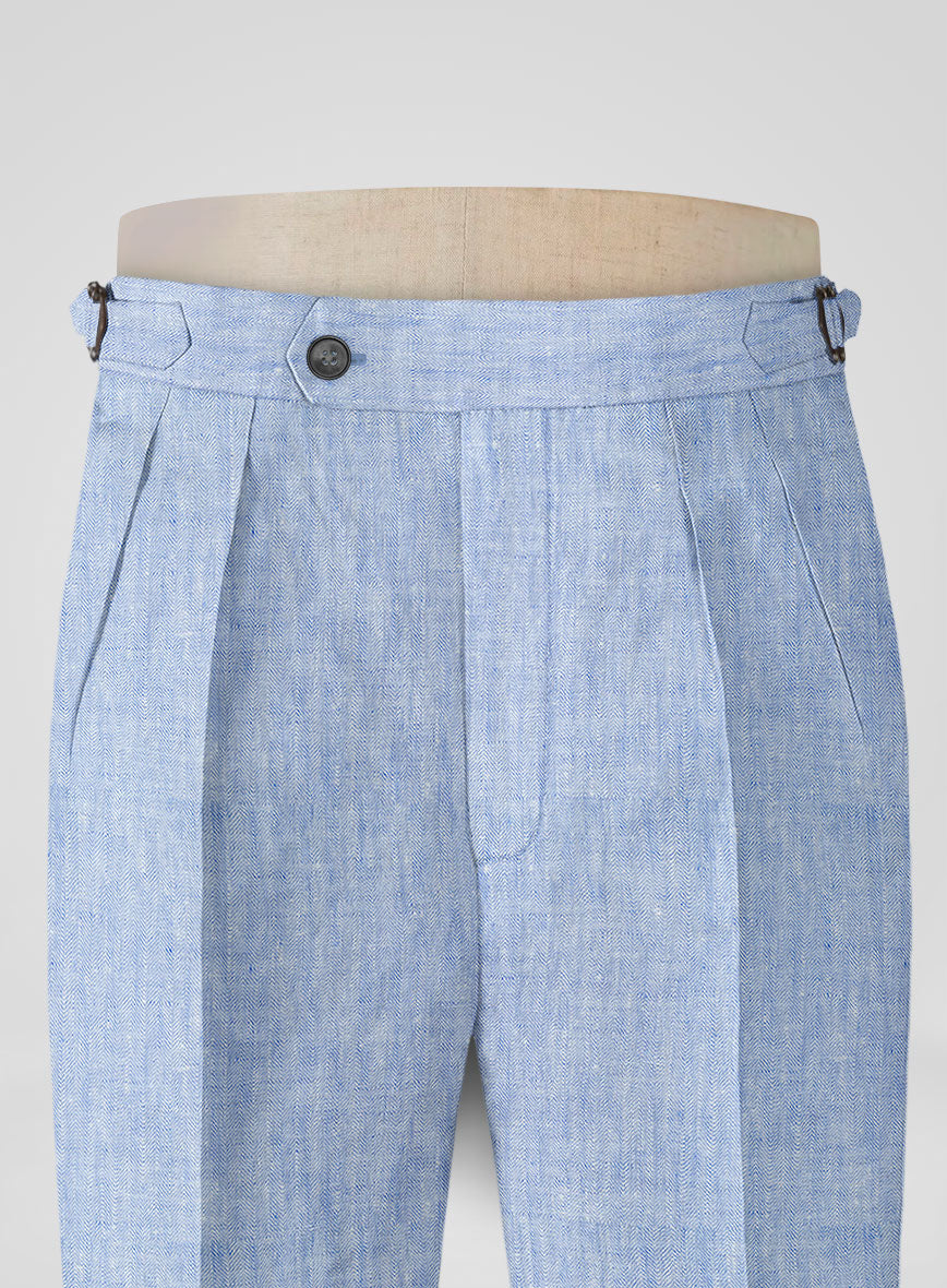 Italian Sky Blue Linen Highland Trousers - StudioSuits