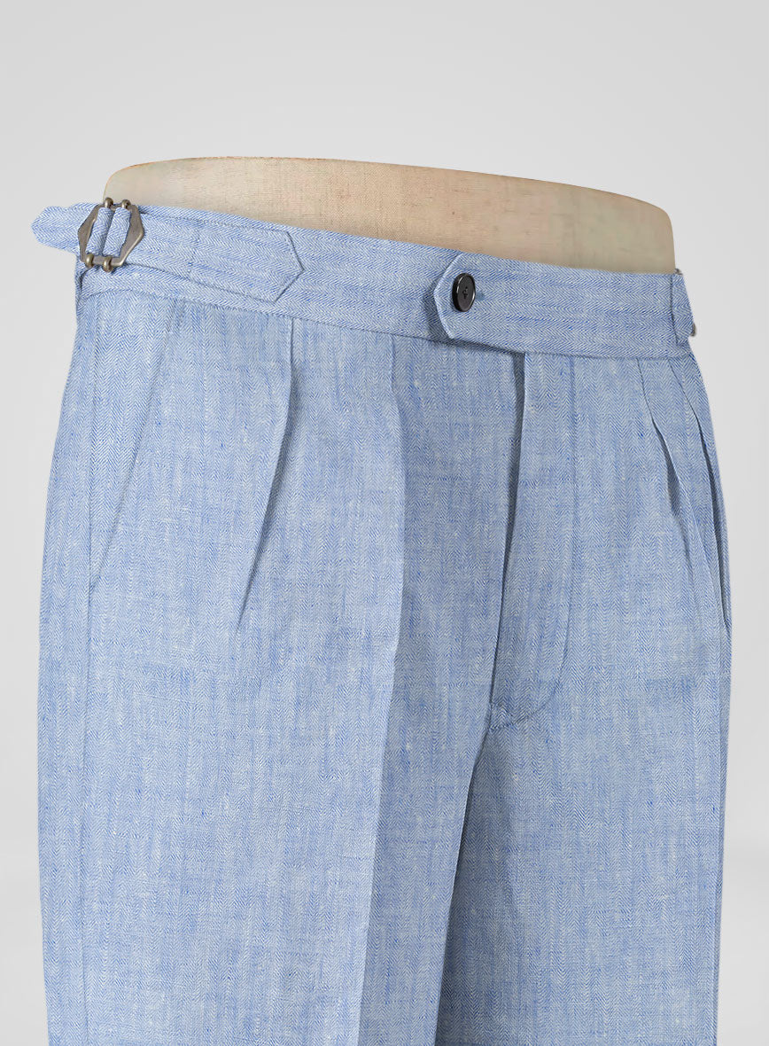 Italian Sky Blue Linen Highland Trousers - StudioSuits