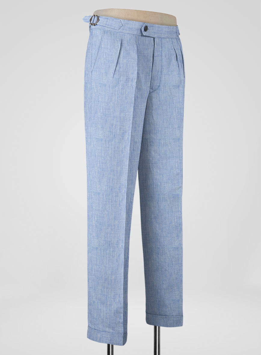 Italian Sky Blue Linen Highland Trousers - StudioSuits