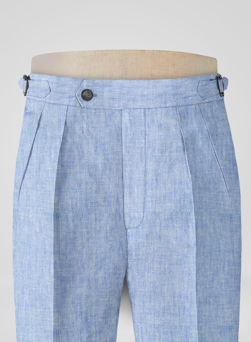 Italian Sky Blue Linen Highland Trousers - StudioSuits