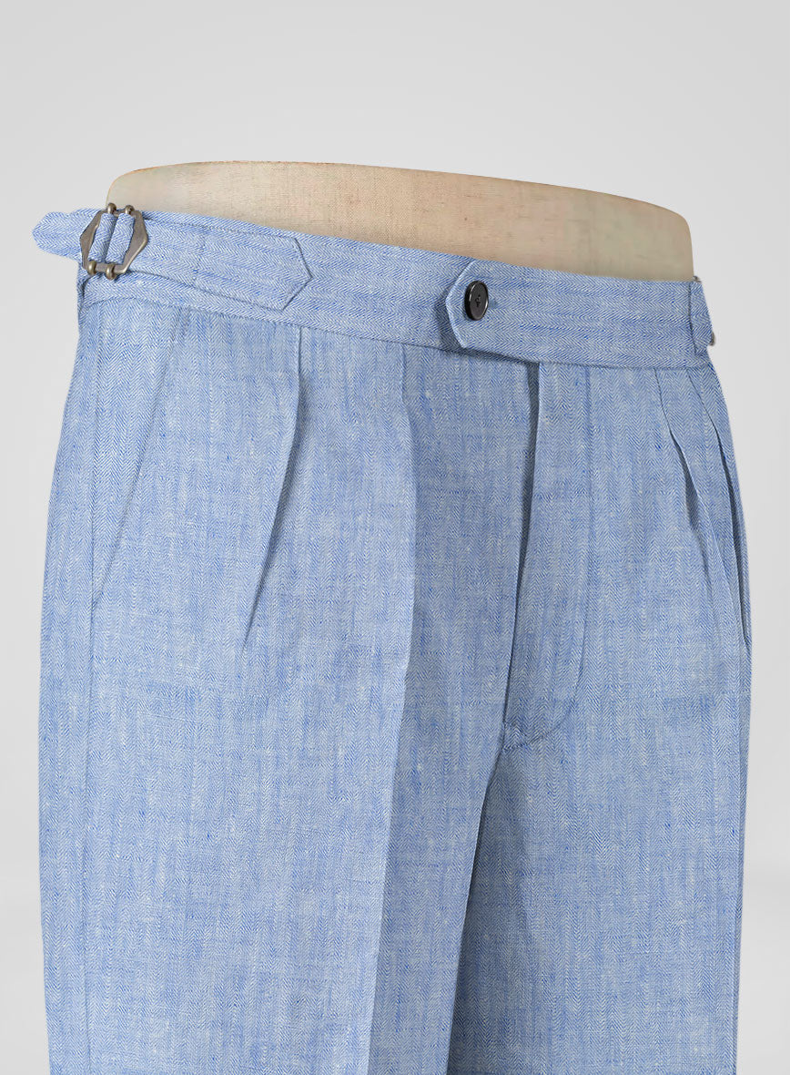 Italian Sky Blue Linen Highland Trousers - StudioSuits
