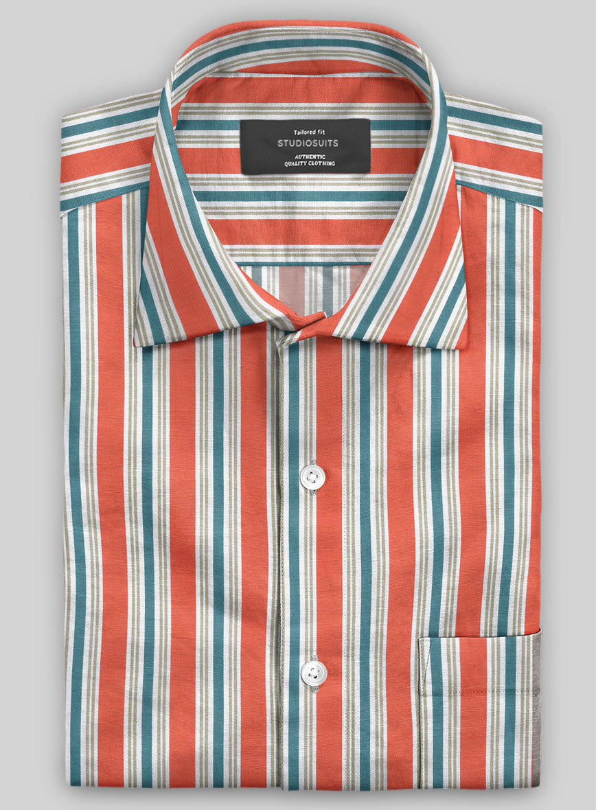 Italian Striped Neon Peach Summer Linen Shirt - StudioSuits