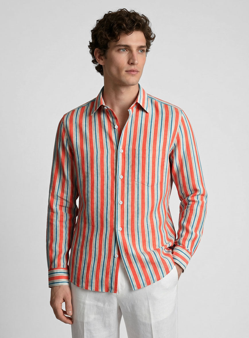Italian Striped Neon Peach Summer Linen Shirt - StudioSuits
