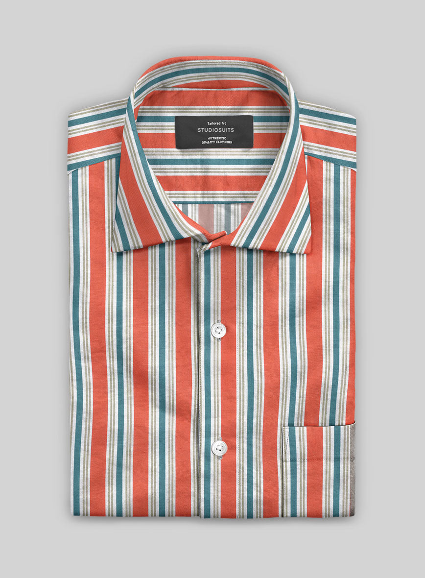 Italian Striped Neon Peach Summer Linen Shirt - StudioSuits