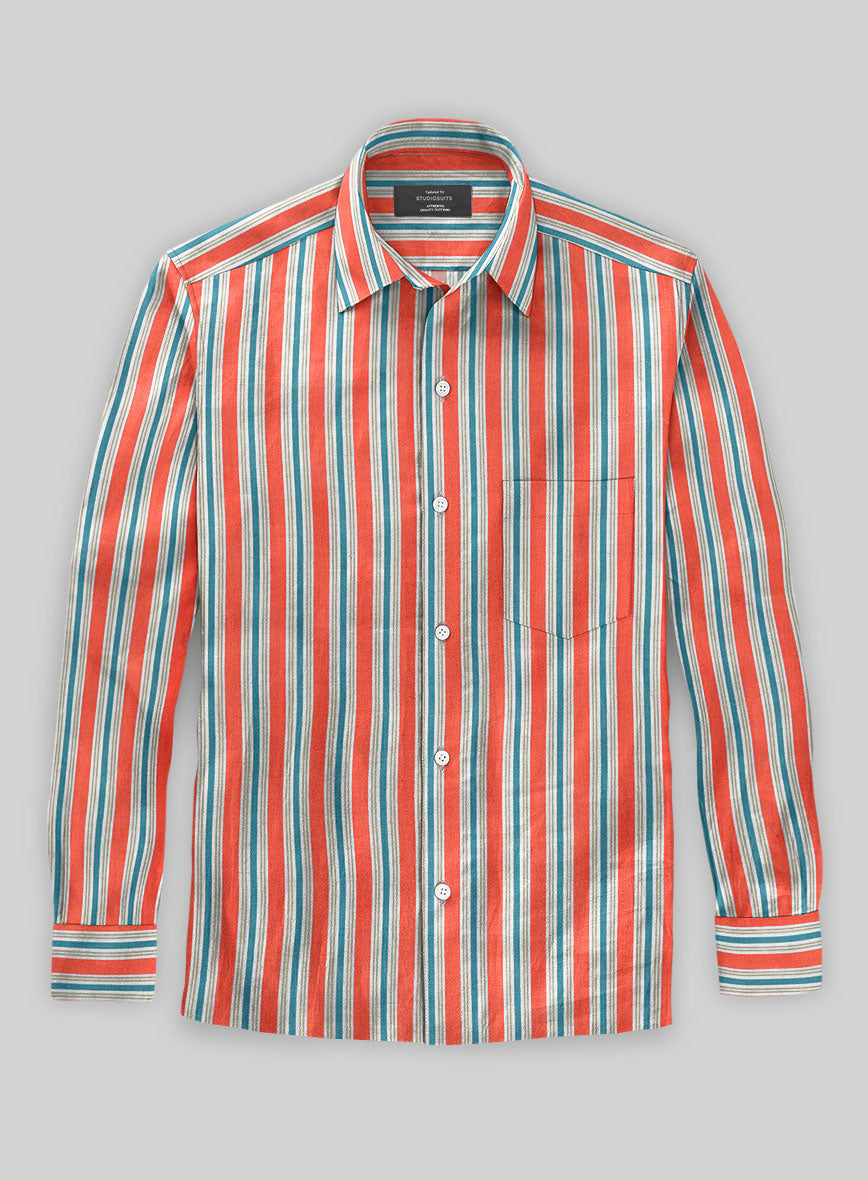 Italian Striped Neon Peach Summer Linen Shirt - StudioSuits