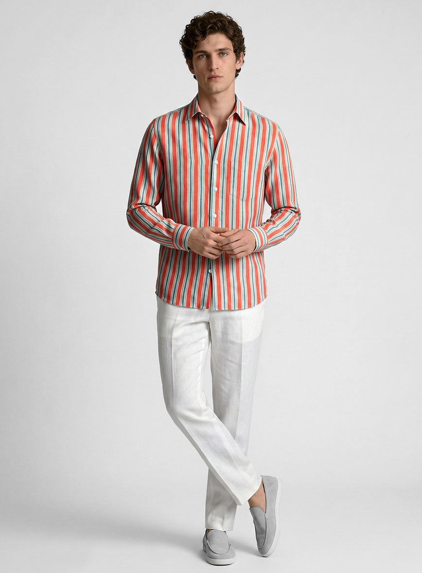 Italian Striped Neon Peach Summer Linen Shirt - StudioSuits