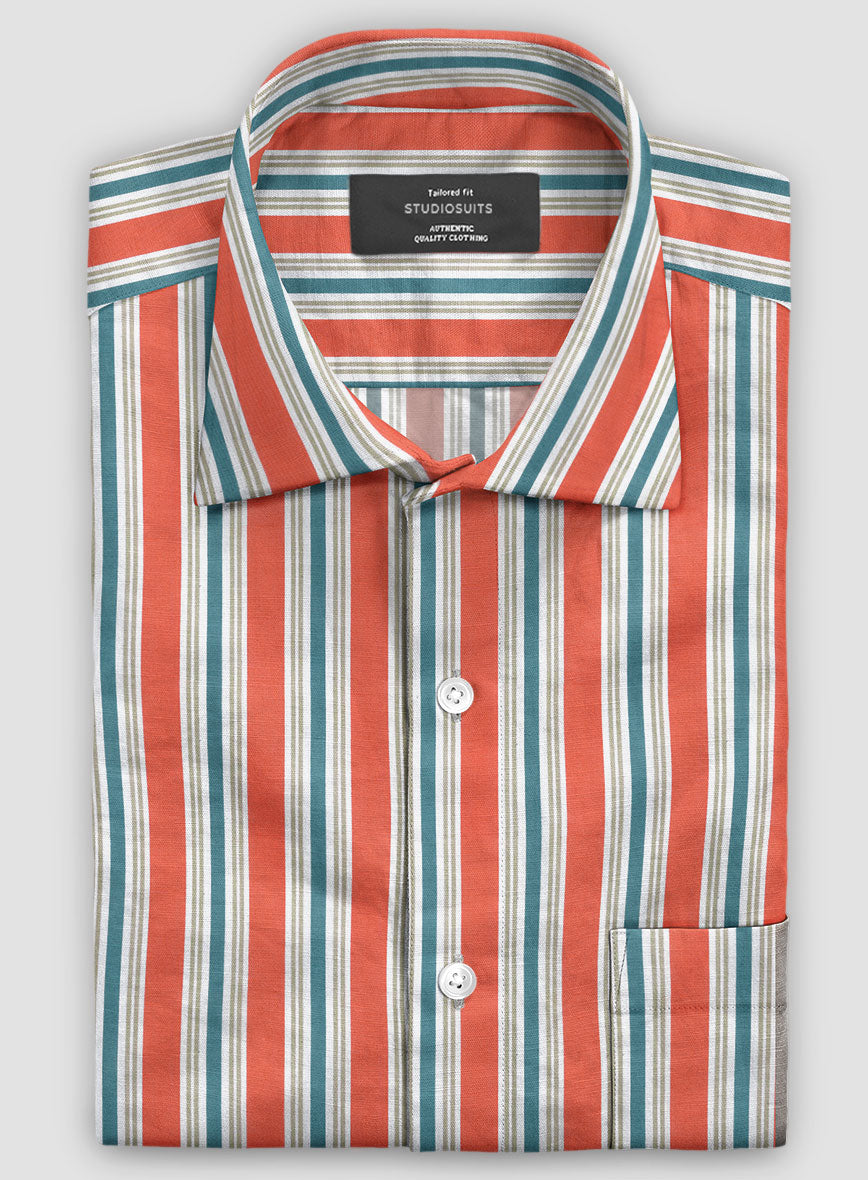 Italian Striped Neon Peach Summer Linen Shirt - StudioSuits