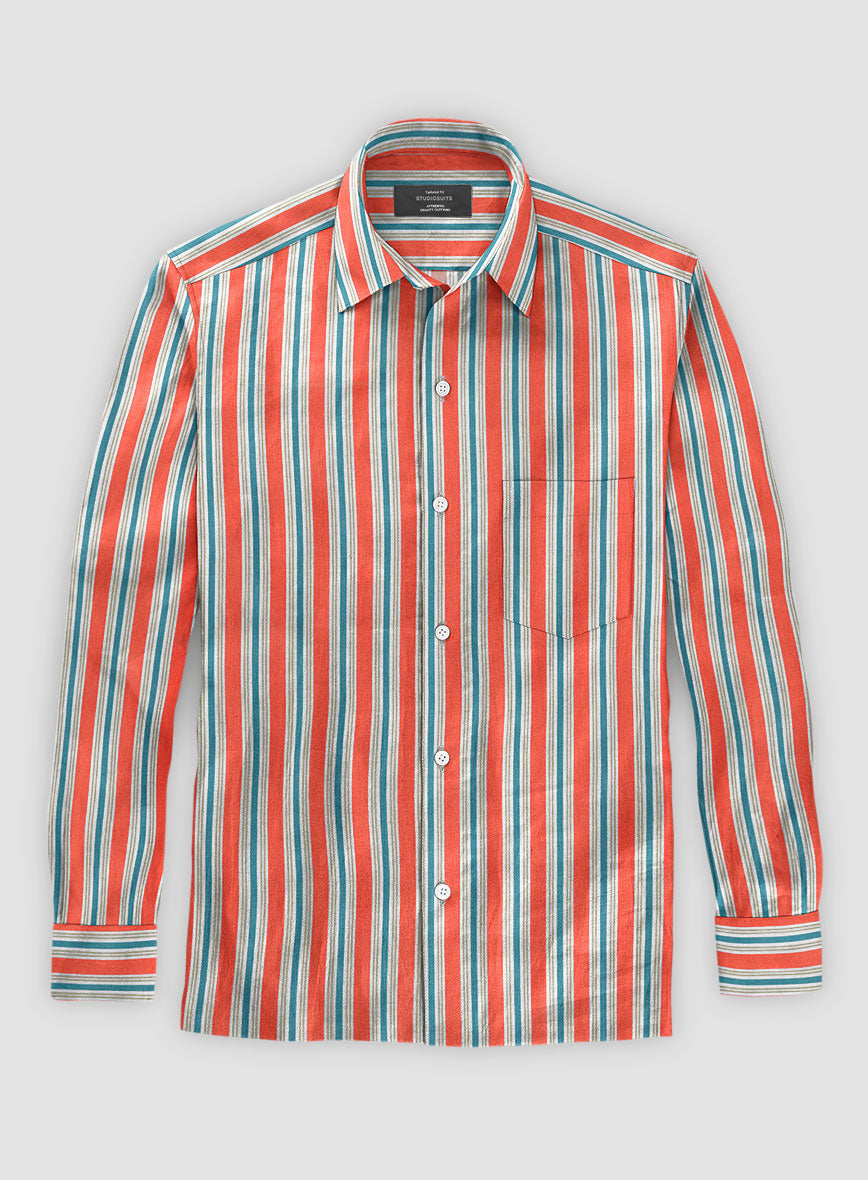 Italian Striped Neon Peach Summer Linen Shirt - StudioSuits