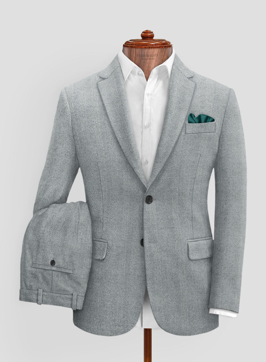 Italian Wide Herringbone Light Blue Tweed Suit - StudioSuits