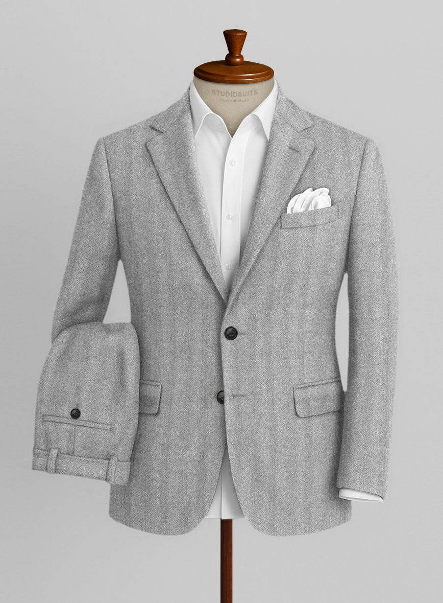 Italian Wide Herringbone Ice Gray Tweed Suit - StudioSuits