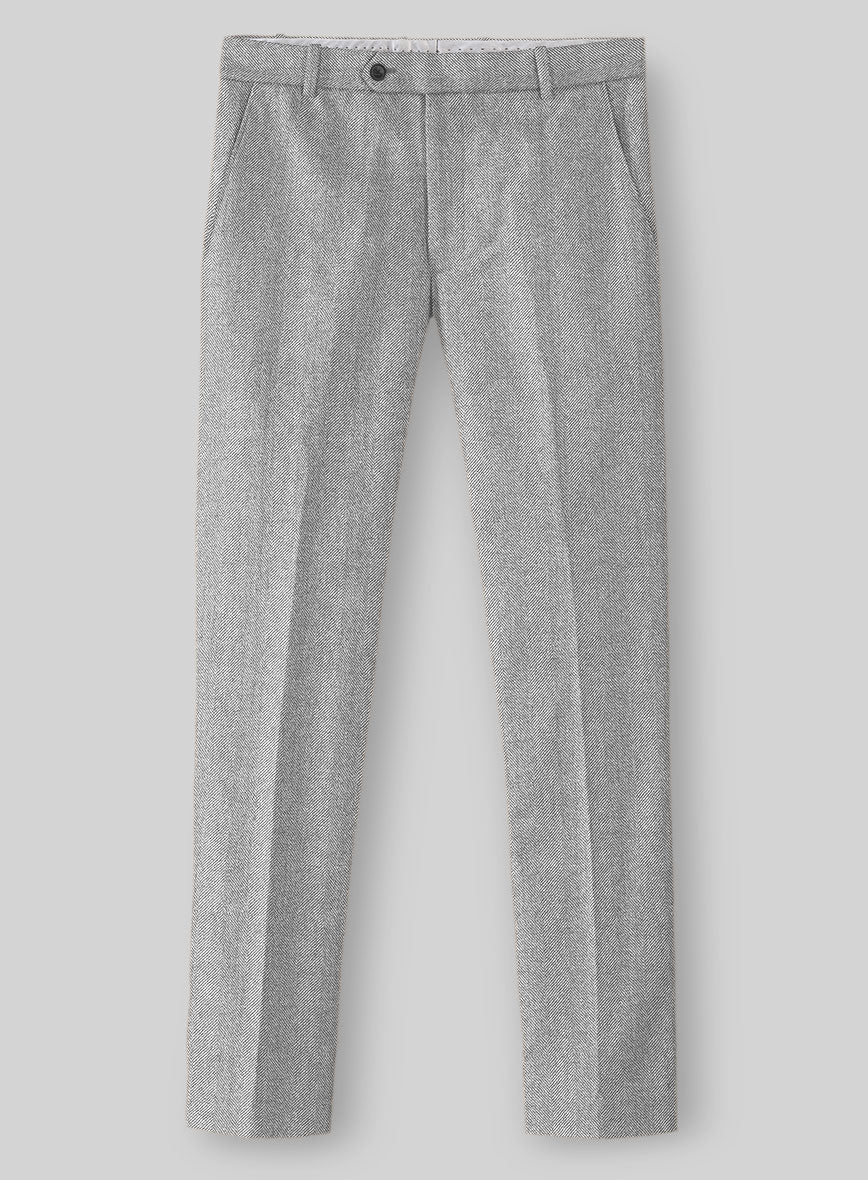 Italian Wide Herringbone Ice Gray Tweed Pants - StudioSuits