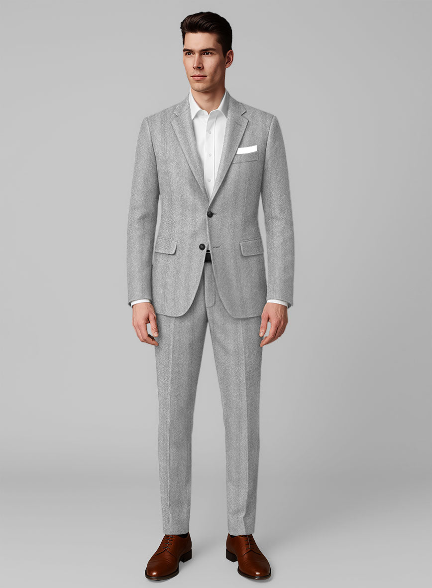 Italian Wide Herringbone Ice Gray Tweed Suit - StudioSuits