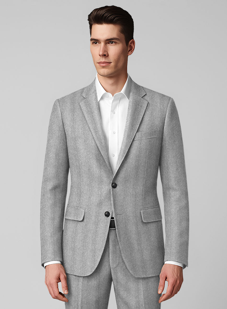 Italian Wide Herringbone Ice Gray Tweed Suit - StudioSuits