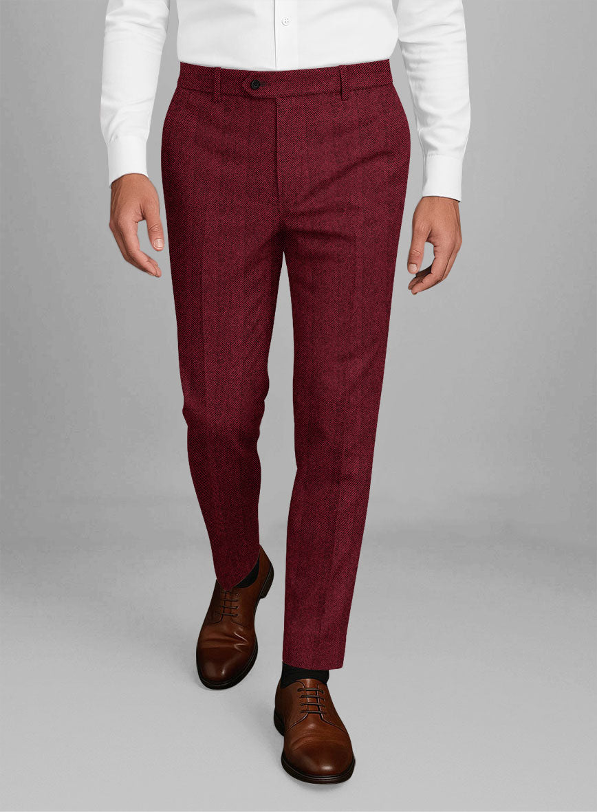 Italian Wide Herringbone Wine Tweed Pants - StudioSuits