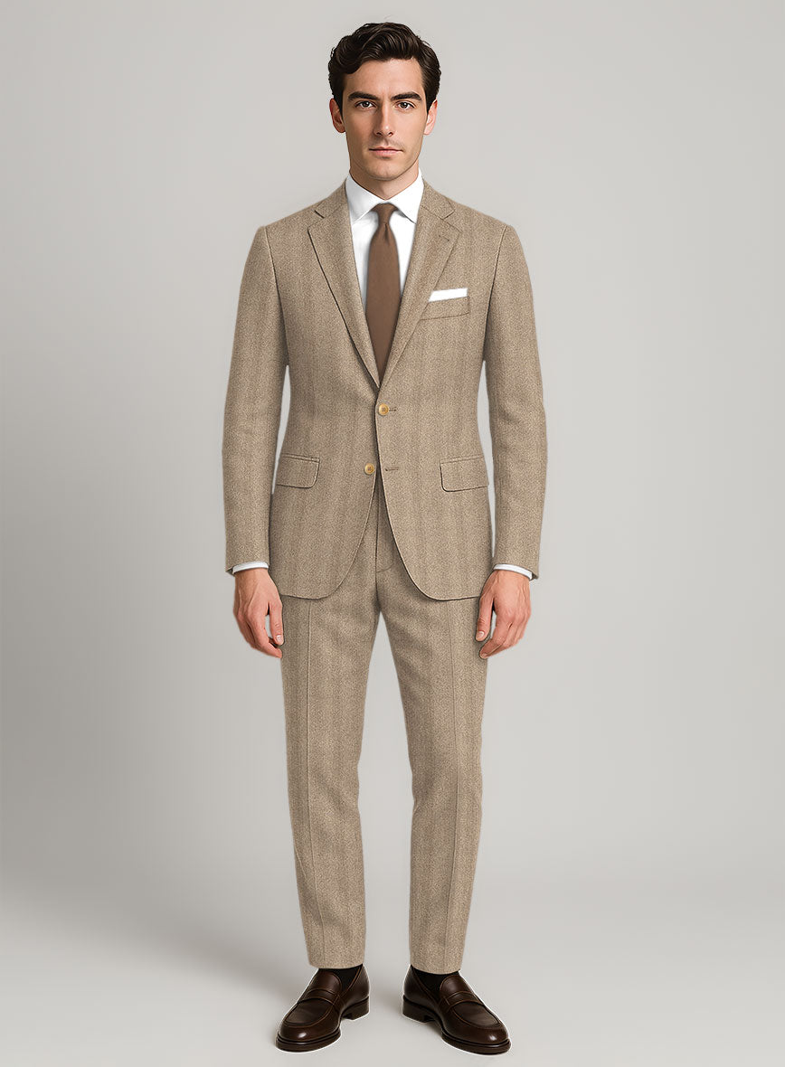 Italian Wide Herringbone Beige Tweed Suit - StudioSuits