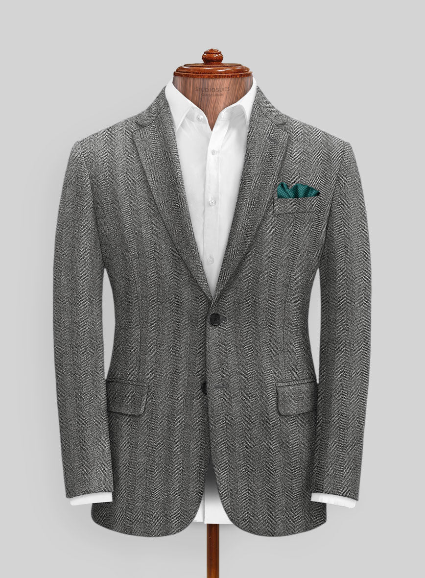 Italian Wide Herringbone Charcoal Tweed Jacket - StudioSuits
