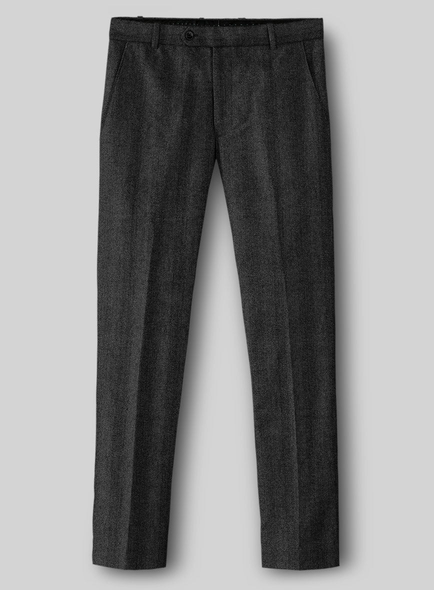 Italian Wide Herringbone Charcoal Tweed Pants - StudioSuits