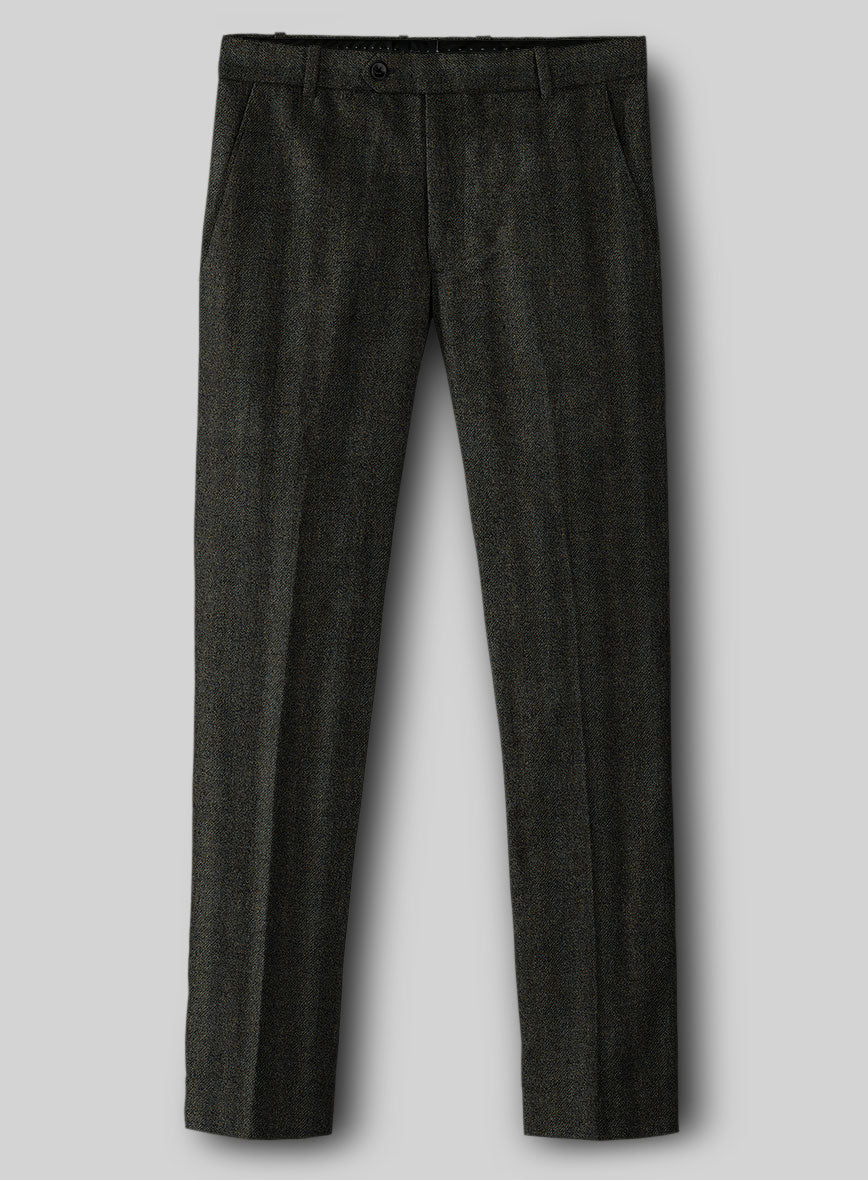 Italian Wide Herringbone Dark Green Tweed Pants - StudioSuits