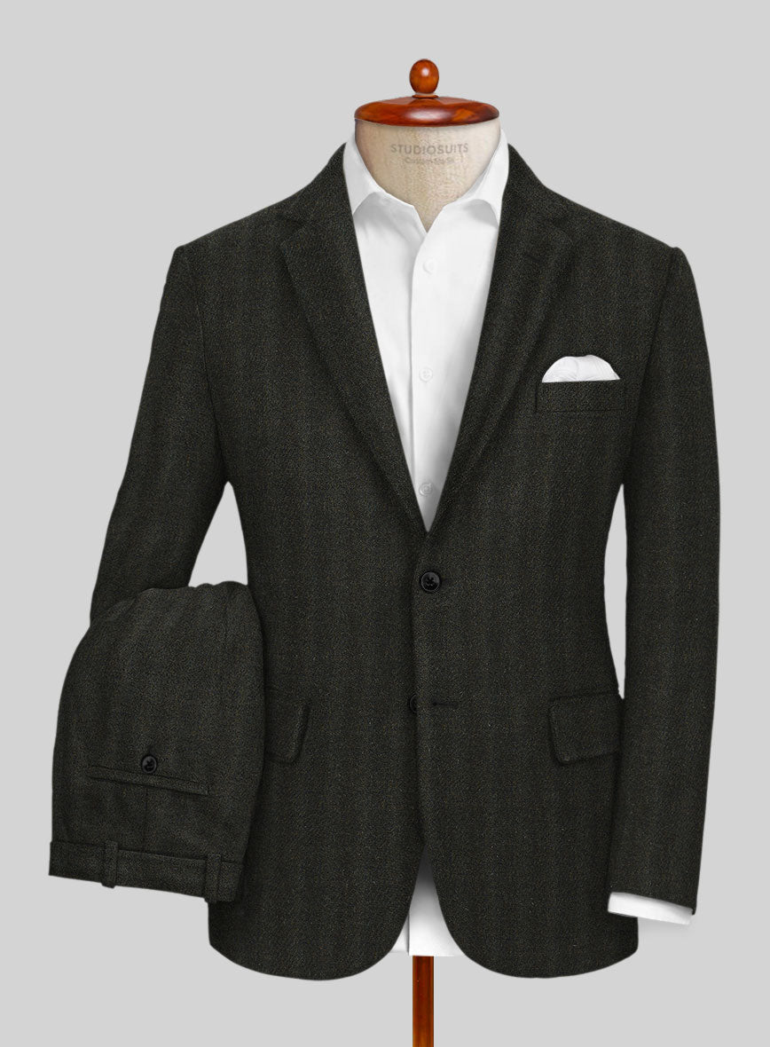 Italian Wide Herringbone Dark Green Tweed Suit - StudioSuits