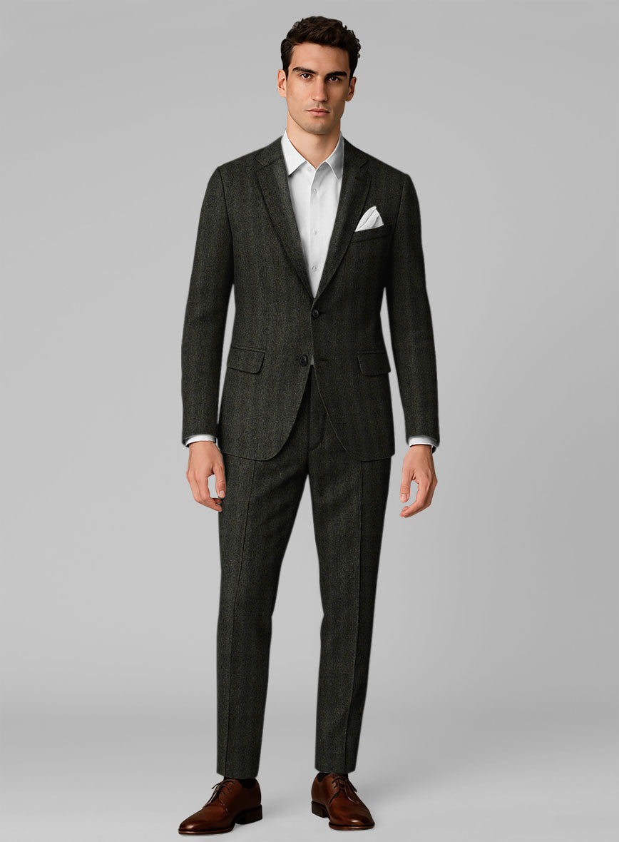 Italian Wide Herringbone Dark Green Tweed Suit - StudioSuits
