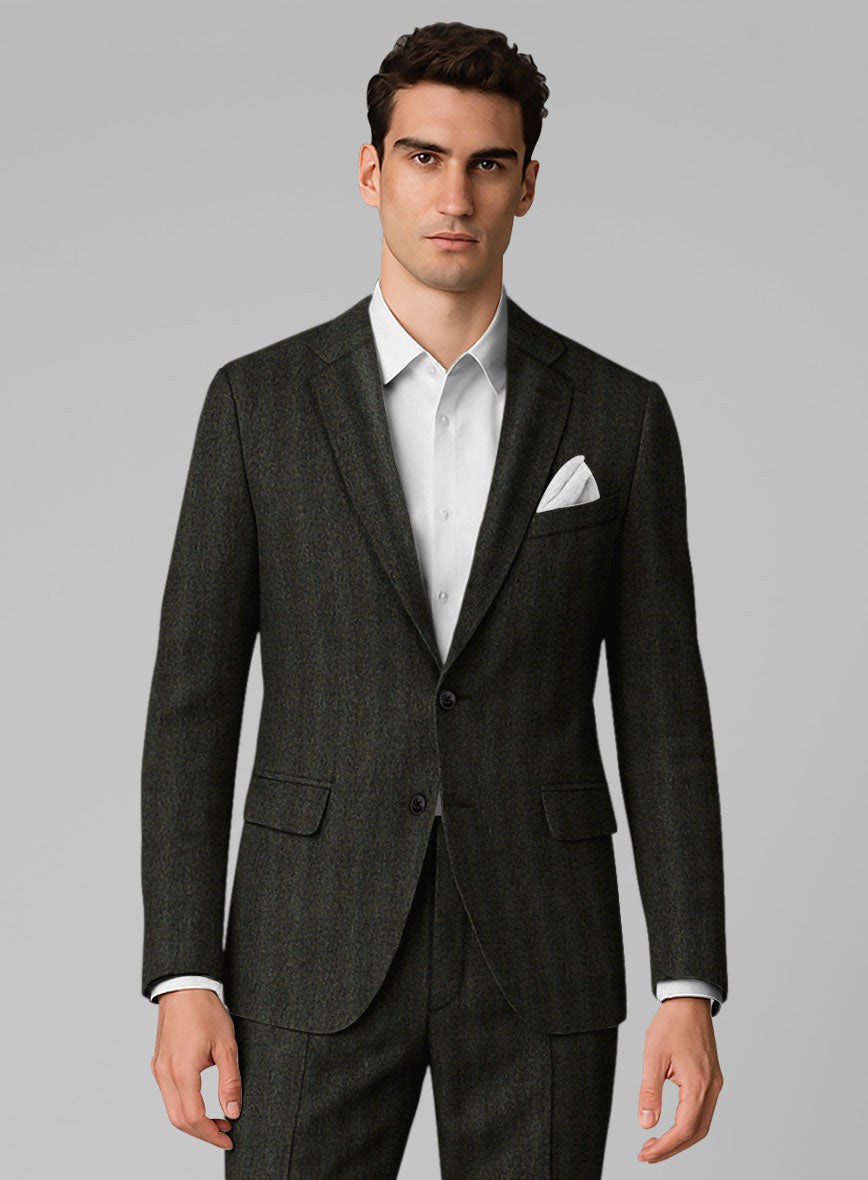 Italian Wide Herringbone Dark Green Tweed Jacket - StudioSuits