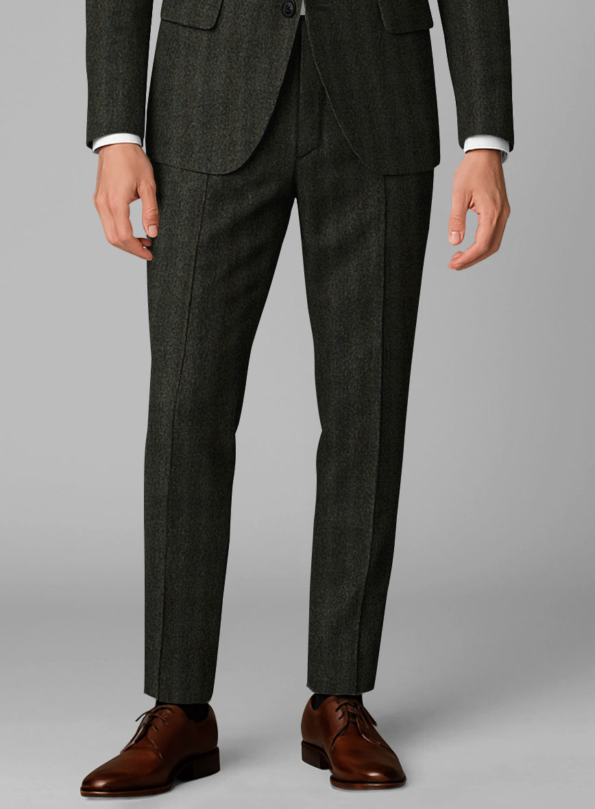 Italian Wide Herringbone Dark Green Tweed Pants - StudioSuits