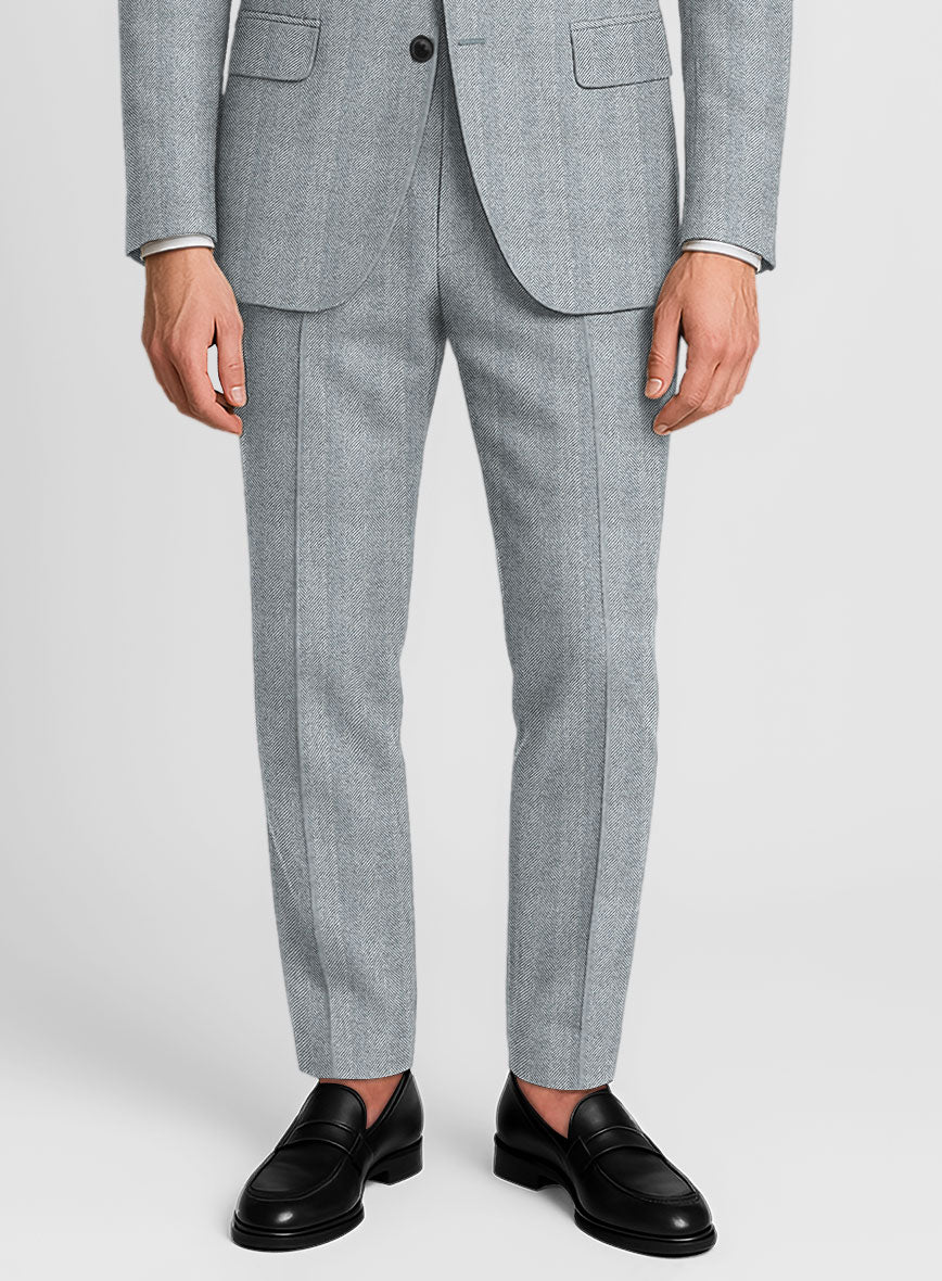 Italian Wide Herringbone Light Blue Tweed Pants - StudioSuits