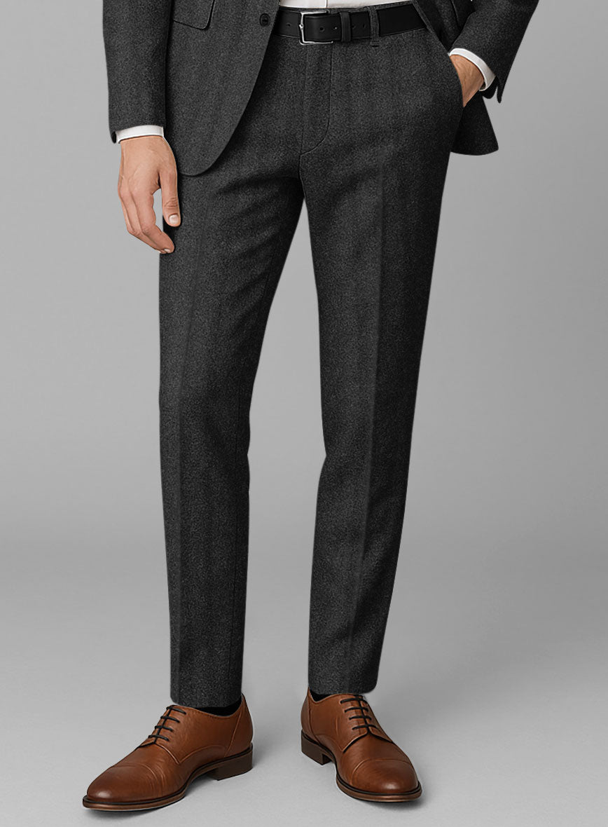 Italian Wide Herringbone Charcoal Tweed Pants - StudioSuits