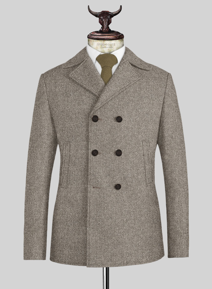 Light Weight Brown Tweed Pea Coat - StudioSuits