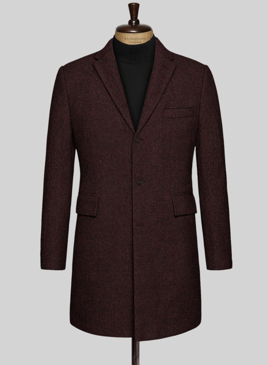Light Weight Melange Wine Tweed Overcoat - StudioSuits