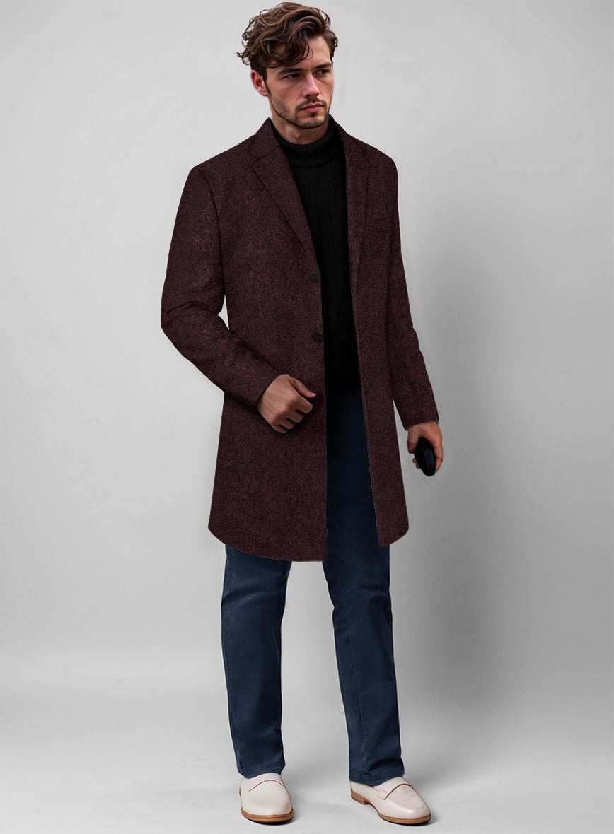 Light Weight Melange Wine Tweed Overcoat - StudioSuits