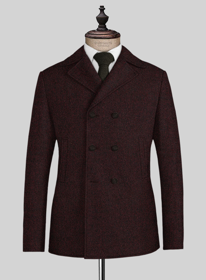 Light Weight Melange Wine Tweed Pea Coat - StudioSuits