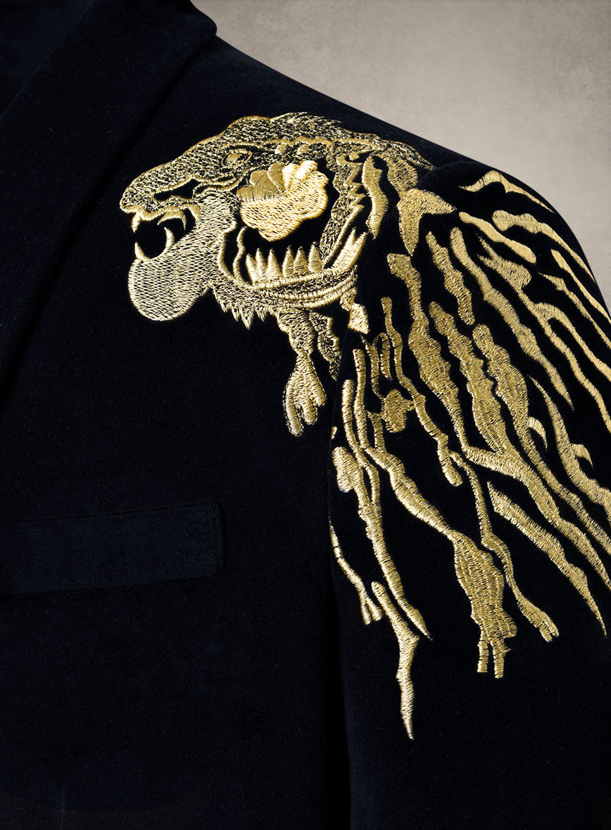 Lion Embroidery Blue Velvet Blazer - StudioSuits