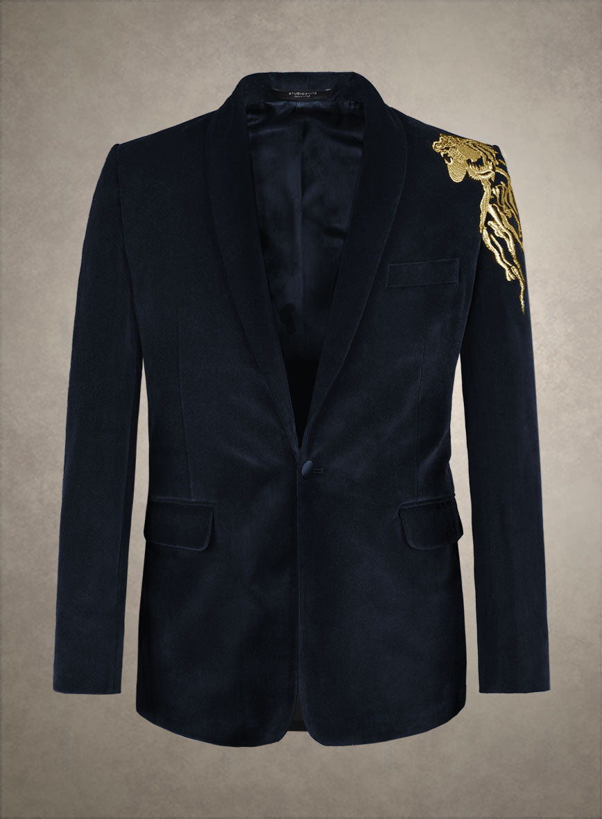 Lion Embroidery Blue Velvet Blazer - StudioSuits