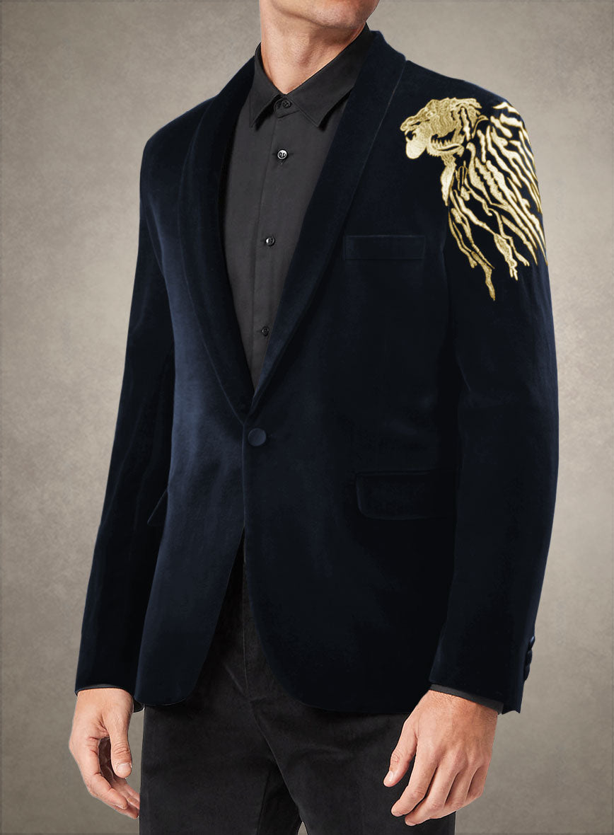 Lion Embroidery Blue Velvet Blazer - StudioSuits