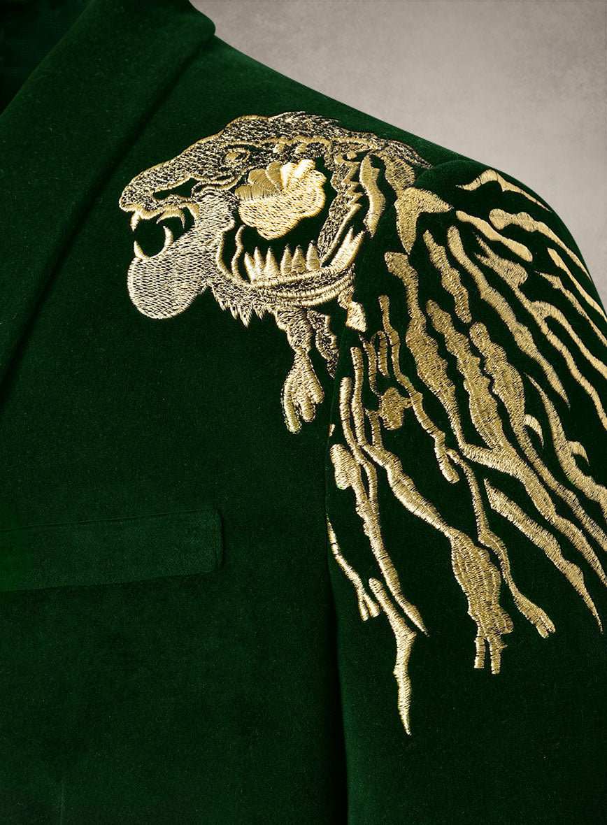 Lion Embroidery Green Velvet Blazer