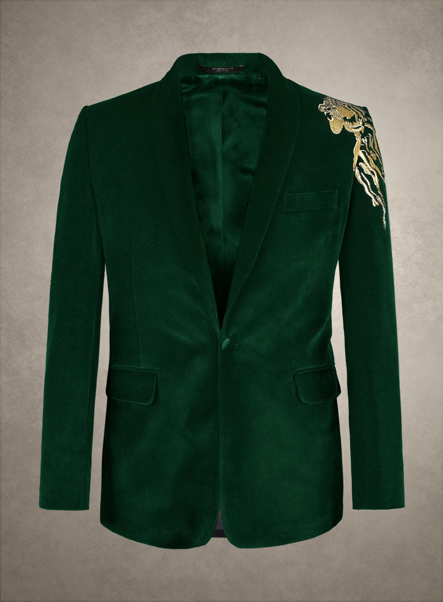 Lion Embroidery Royal Green Velvet Blazer - StudioSuits
