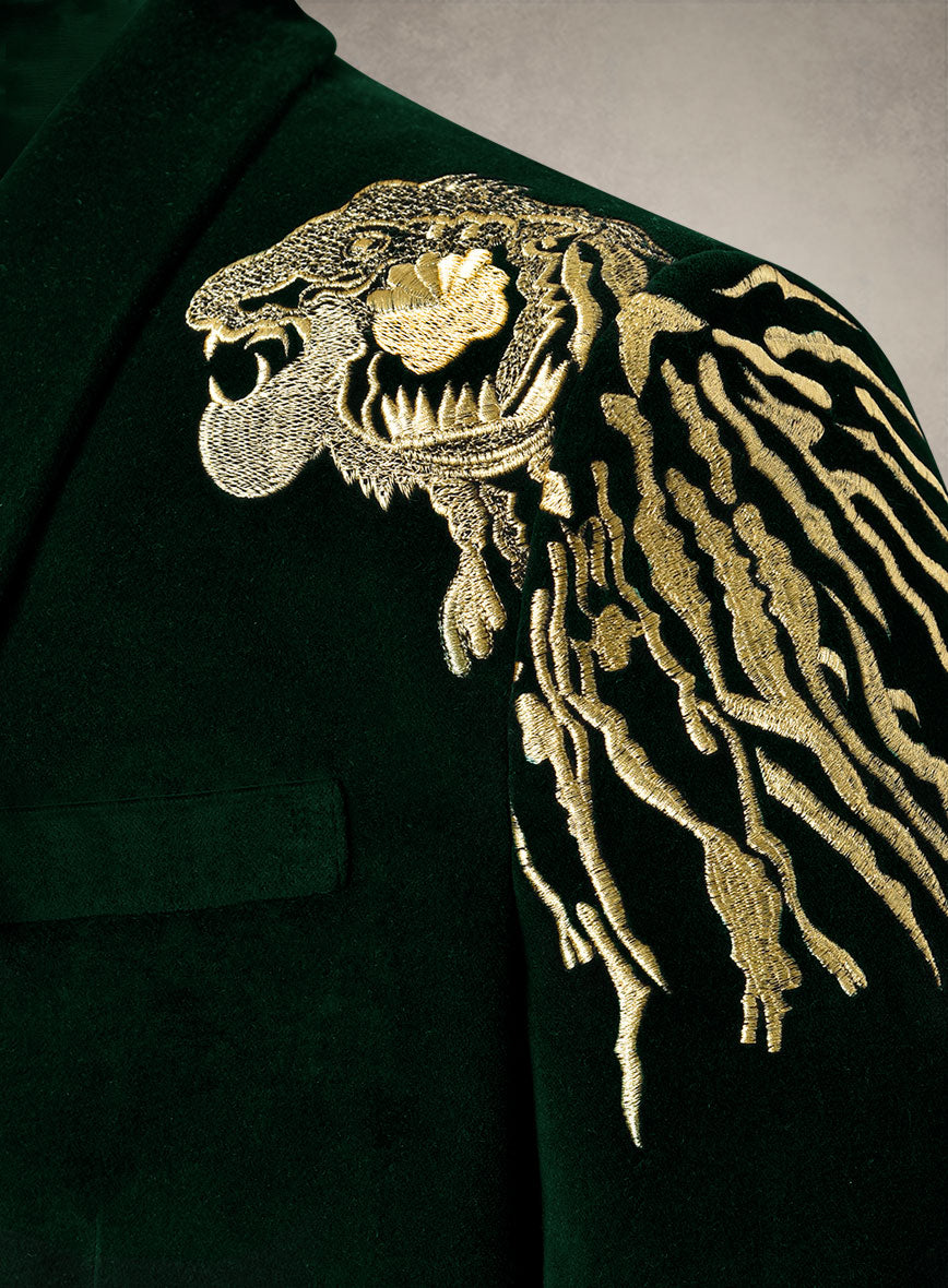 Lion Embroidery Royal Green Velvet Blazer - StudioSuits