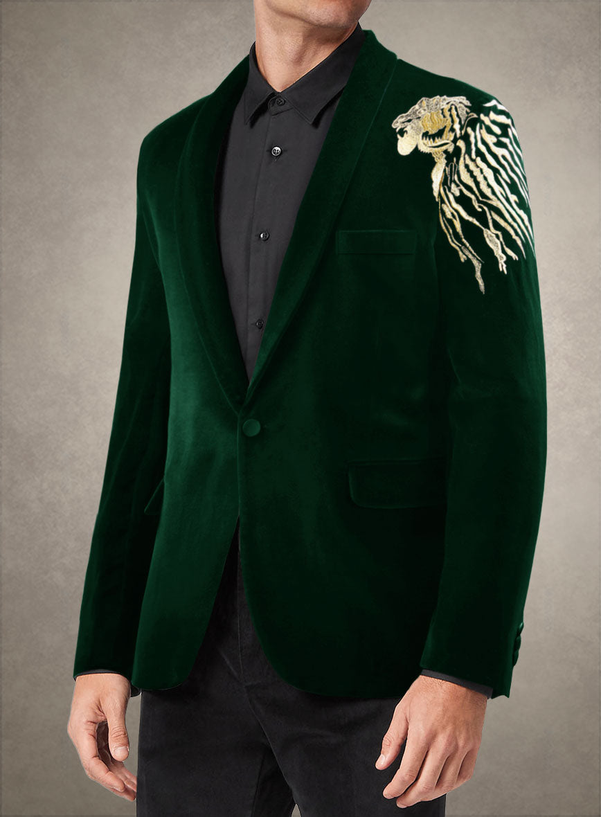 Lion Embroidery Royal Green Velvet Blazer - StudioSuits