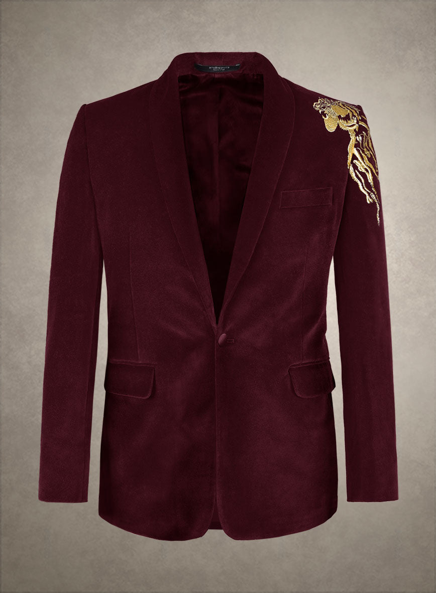 Lion Embroidery Wine Velvet Blazer - StudioSuits