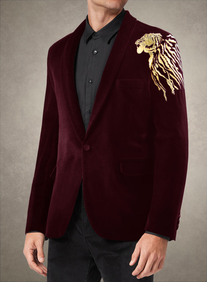 Lion Embroidery Wine Velvet Blazer - StudioSuits