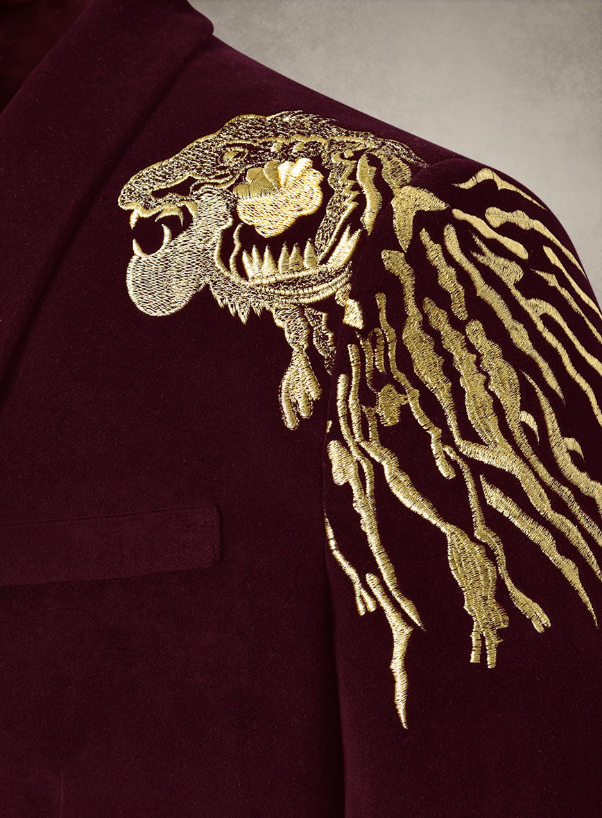 Lion Embroidery Wine Velvet Blazer