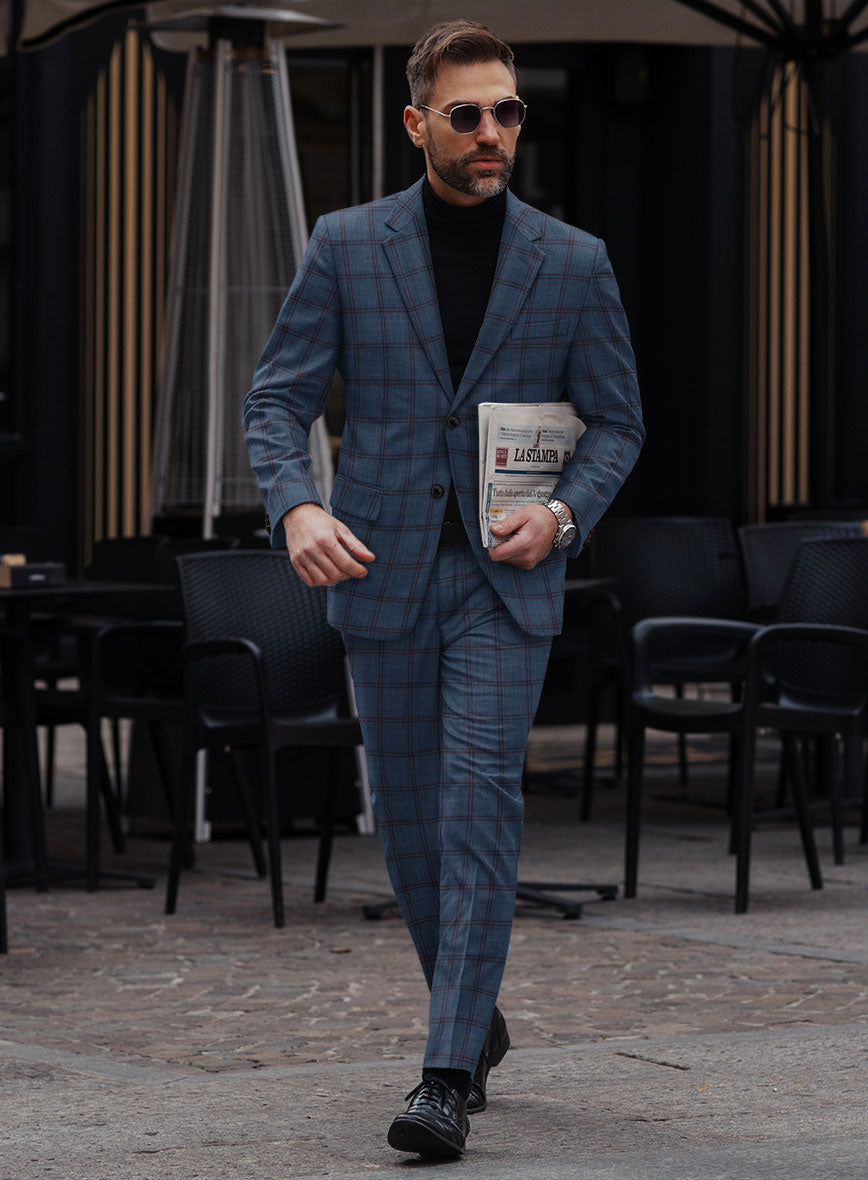 London Loom Blue Check Wool Silk Linen Suit - StudioSuits