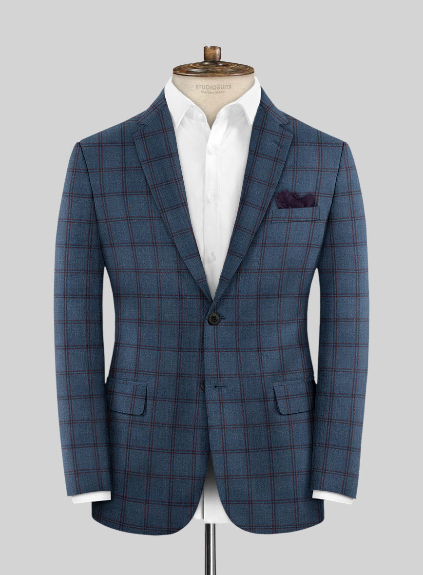 London Loom Blue Check Wool Silk Linen Suit - StudioSuits