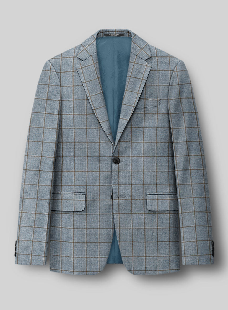 London Loom Blue Windowpane Wool Silk Linen Jacket - StudioSuits