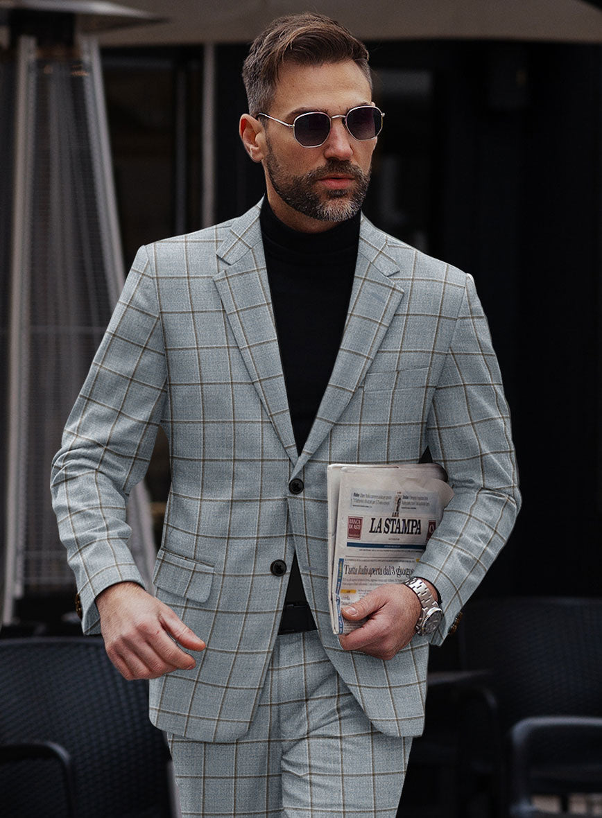 London Loom Blue Windowpane Wool Silk Linen Jacket - StudioSuits
