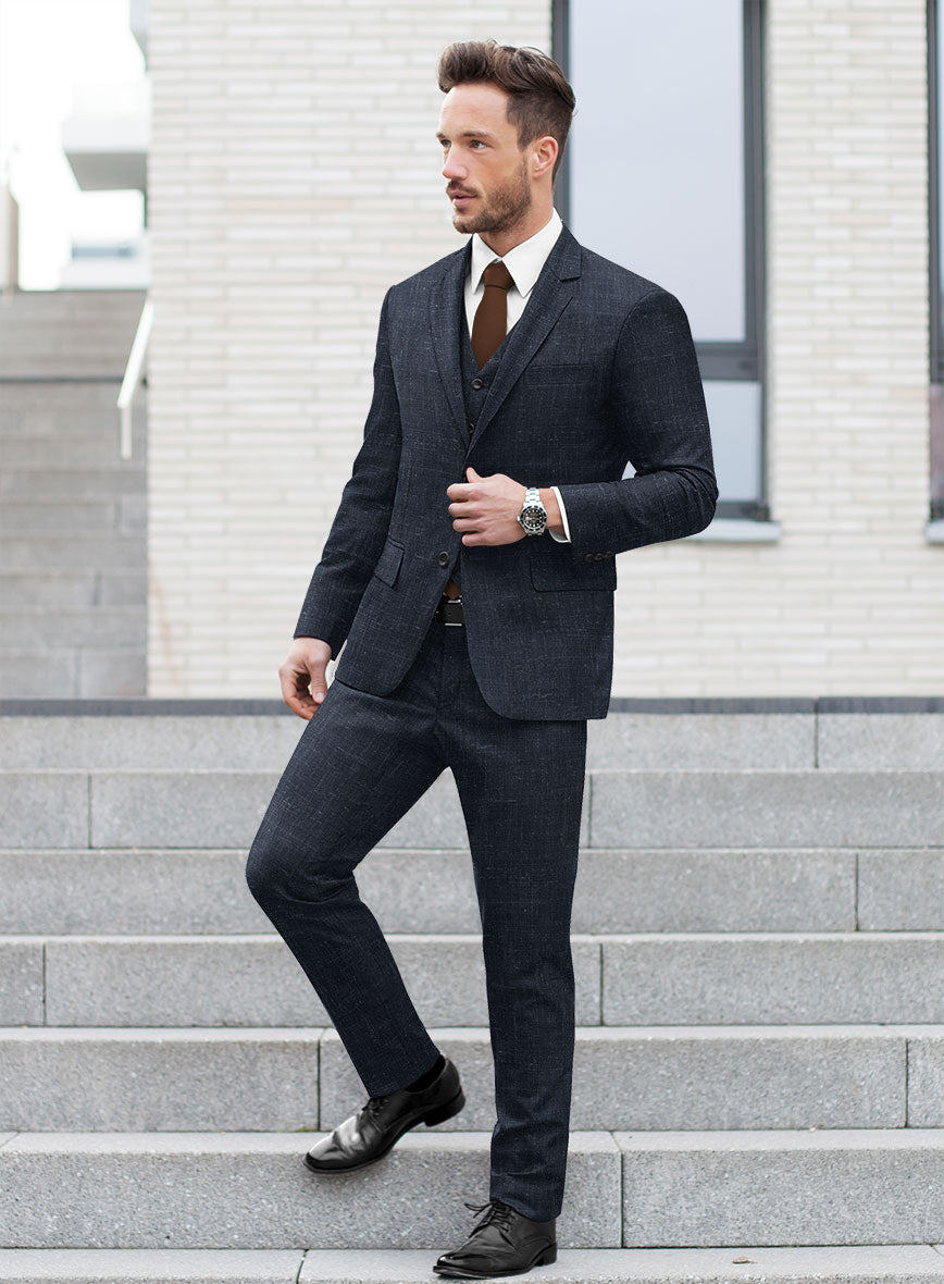 London Loom Blue Twill Wool Silk Linen Suit - StudioSuits